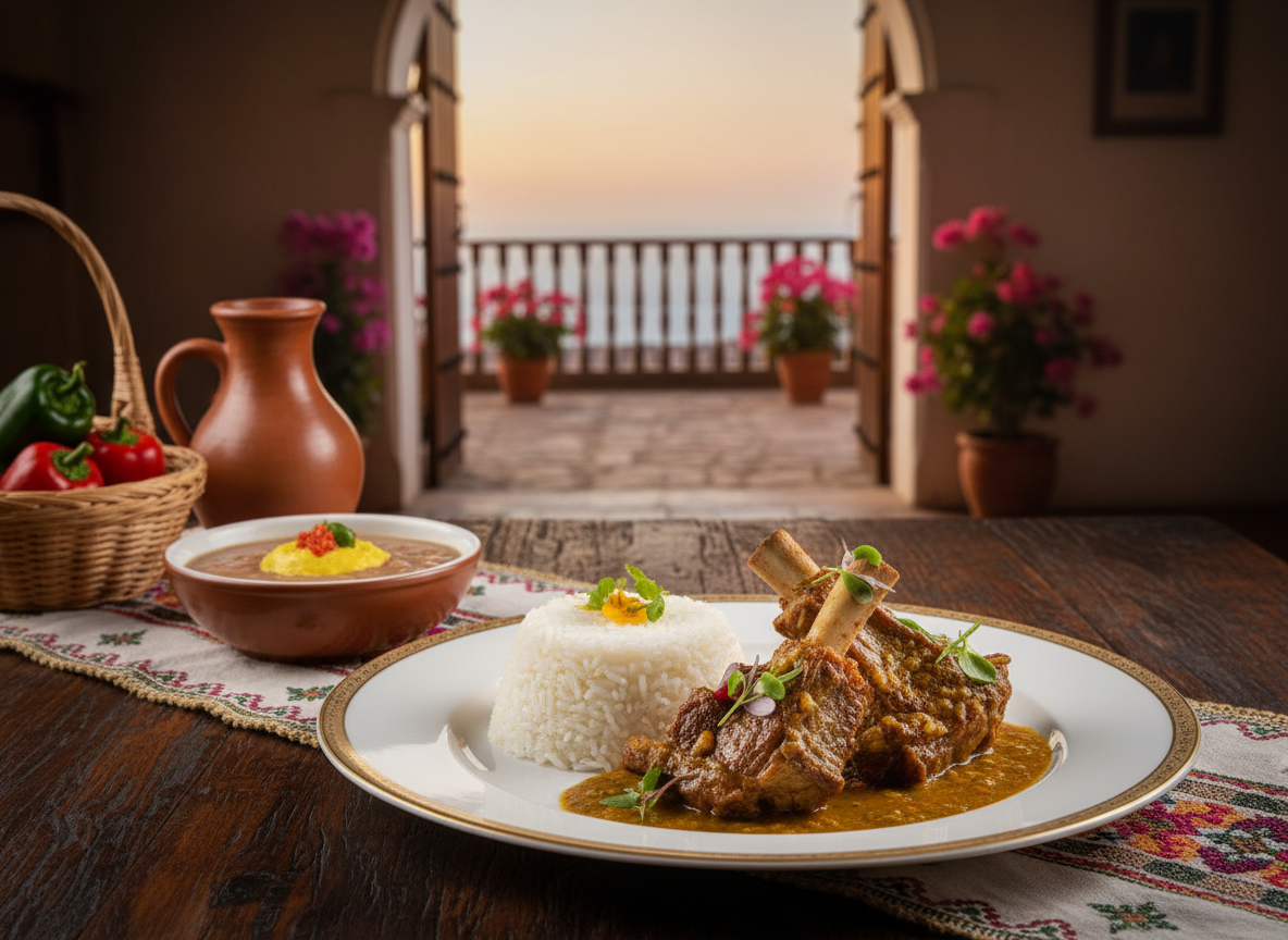 plato de seco de costillas de cordero con arroz y frejoles, estilo elegante, fondo clásico peruano, composición sofisticada