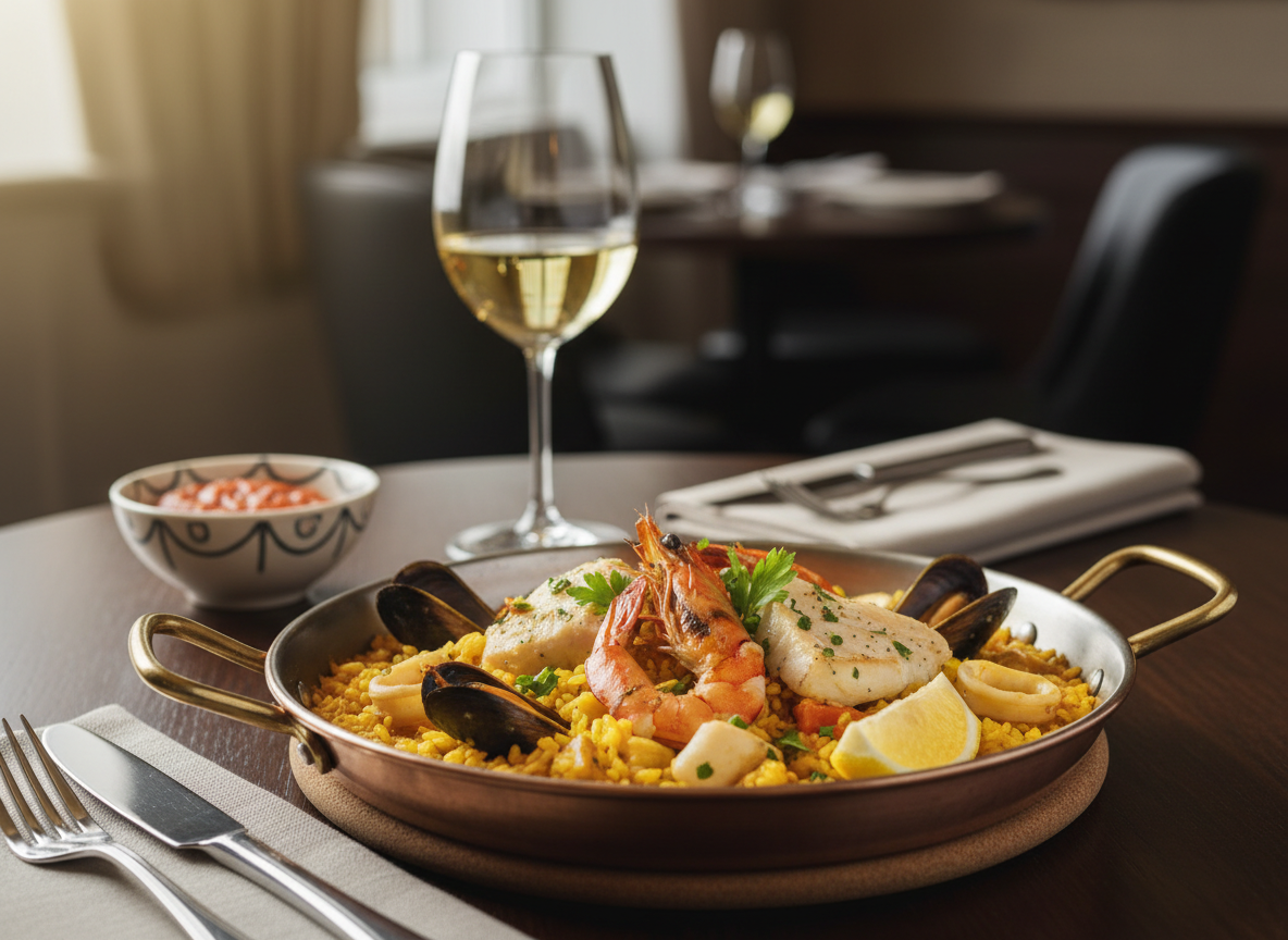Imagen elegante y atractiva de un plato de arroz con mariscos, fondo gourmet, iluminación profesional, presentación exclusiva tipo restaurante de lujo.