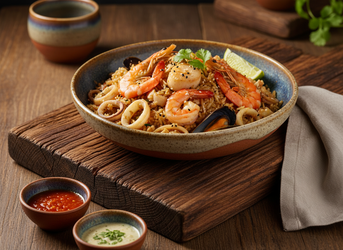 plato peruano chaufa de mariscos, estilo rústico y elegante, presentación gourmet, fondo de madera, iluminación suave, vajilla artesanal