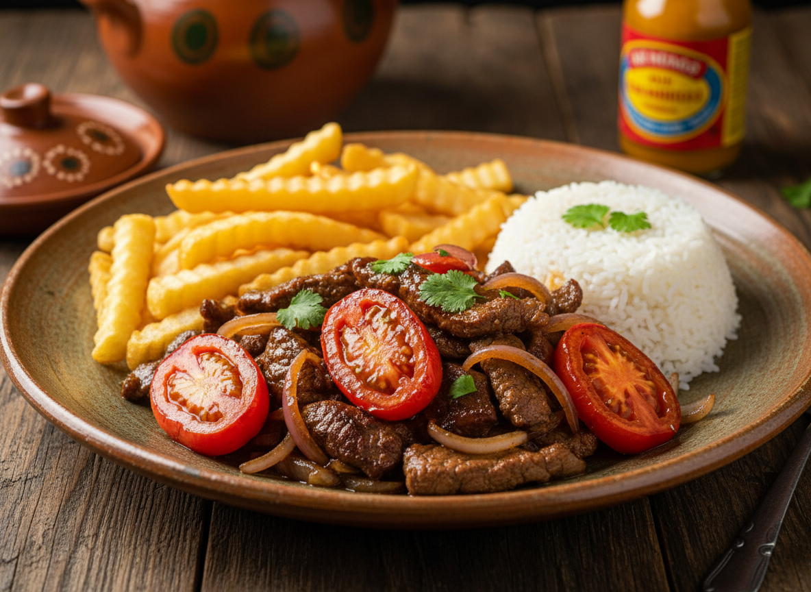 Imagen rústica y elegante del plato peruano lomo saltado bien jugoso, con trozos de cebolla y tomate salteados, papas fritas y arroz a un costado, presentado en un plato grande.