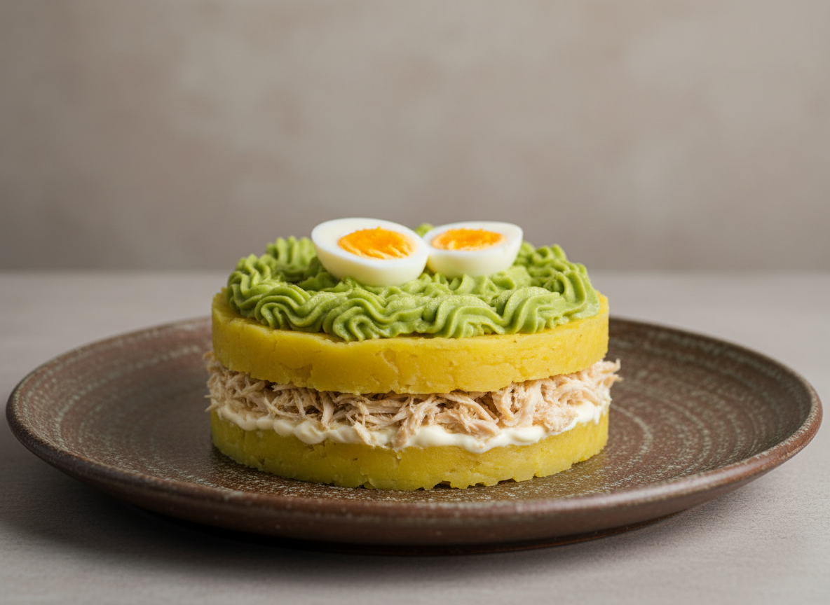 Imagen rústica y elegante de una causa limeña. El relleno de pollo deshilachado con abundante mayonesa es claramente visible en la parte del medio. En la parte superior está adornada con crema de guacamole en forma de espiral y 2 mitades de huevo encima. Todo servido en un plato grande redondo y rústico. Fondo neutro que destaca la presentación del plato.