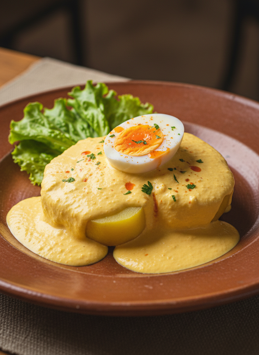 Papa a la huancaína peruana con solo dos tajadas de papa, abundante crema cubriéndolas, huevo más grande, lechuga puesta al costado como adorno, servido en un plato grande rústico elegante de color marrón.