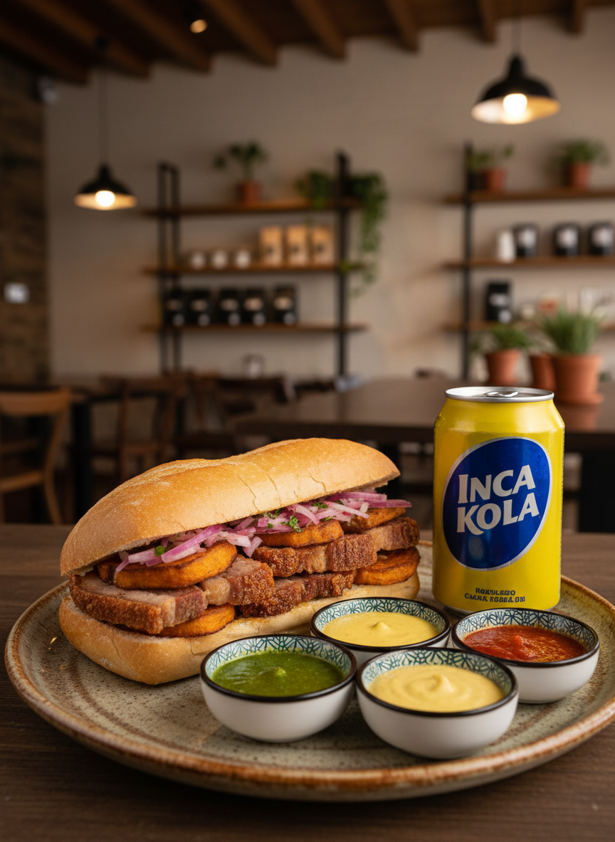 Un delicioso pan con chicharrón jugoso de chancho con tajadas de camote y cebolla en su interior, estilo peruano, acompañado de cremas y una bebida en lata tradicional Inca Kola (letras blancas, fondo azul y el resto de la lata de color amarillo), servido en un plato grande rústico y elegante, con un fondo de cafetería rústica elegante.