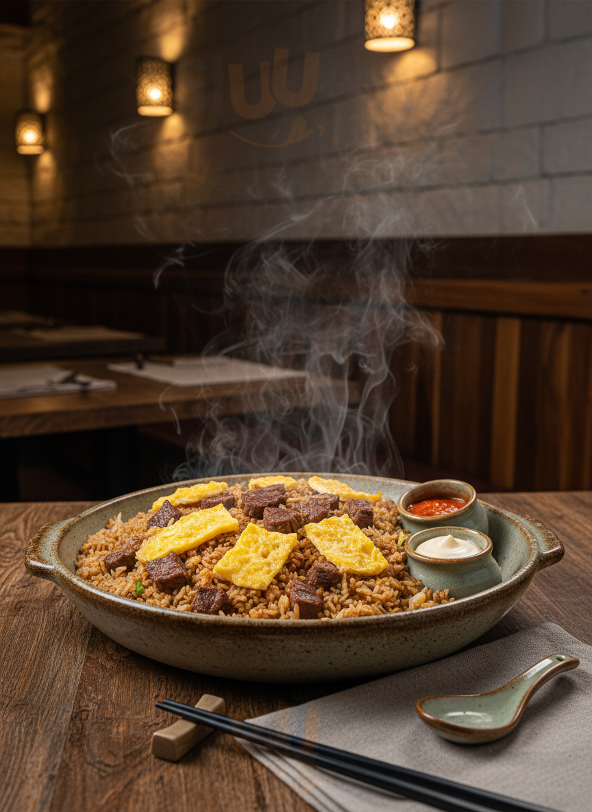 Imagen de arroz chaufa de carne en trozos cuadrados con varios trozos de tortilla de huevo colocados desordenadamente encima del arroz, sin alberjas ni zanahorias. El plato es grande, rústico y elegante, servido con cremas de rocoto y mayonesa en pequeños potes dentro del plato. Se ve el humo emanando del arroz caliente, todo presentado sobre una mesa en un restaurante de fondo rústico y elegante.