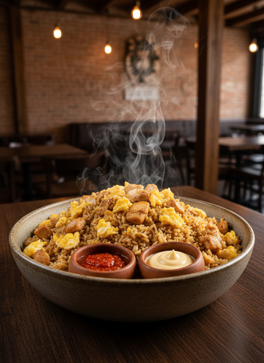 Arroz chaufa de pollo en trozos cuadrados, varios trozos de tortilla de huevo puestos desordenadamente encima del arroz, sin alberjas ni zanahorias. Servido en un plato grande, rústico y elegante, con cremas de rocoto y mayonesa en potes pequeños dentro del plato. Que se vea el humo de lo caliente y un fondo de restaurante rústico elegante.